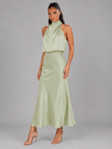 Robe midi à col montant effet satin pour invité de mariage
