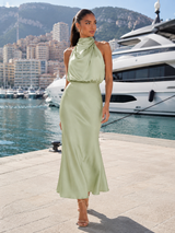 Robe midi à col montant effet satin pour invité de mariage