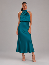 Robe midi à col montant effet satin pour invité de mariage