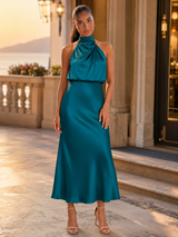 Robe midi à col montant effet satin pour invité de mariage