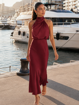 Robe midi à col montant effet satin pour invité de mariage