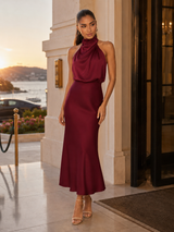 Robe midi à col montant effet satin pour invité de mariage