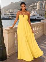 Robe maxi plissée à col halter pour invité de mariage