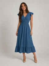 V Neck Shirred Waist Midi Dress Summer Women
