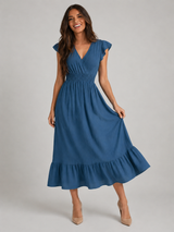 V Neck Shirred Waist Midi Dress Summer Women