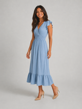 V Neck Shirred Waist Midi Dress Summer Women