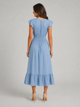 V Neck Shirred Waist Midi Dress Summer Women