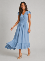 V Neck Shirred Waist Midi Dress Summer Women
