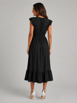 V Neck Shirred Waist Midi Dress Summer Women