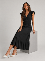 V Neck Shirred Waist Midi Dress Summer Women