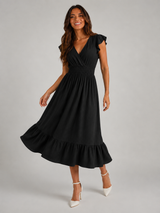 V Neck Shirred Waist Midi Dress Summer Women