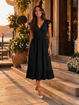 V Neck Shirred Waist Midi Dress Summer Women