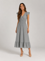 V Neck Shirred Waist Midi Dress Summer Women