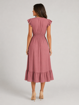 V Neck Shirred Waist Midi Dress Summer Women