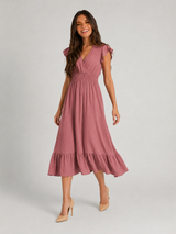 V Neck Shirred Waist Midi Dress Summer Women