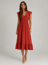 V Neck Shirred Waist Midi Dress Summer Women