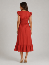 V Neck Shirred Waist Midi Dress Summer Women