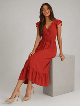 V Neck Shirred Waist Midi Dress Summer Women