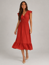 V Neck Shirred Waist Midi Dress Summer Women