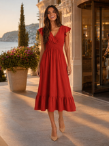 V Neck Shirred Waist Midi Dress Summer Women