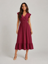 V Neck Shirred Waist Midi Dress Summer Women