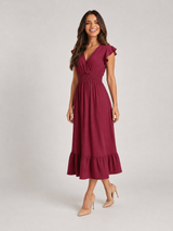 V Neck Shirred Waist Midi Dress Summer Women