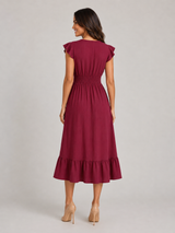 V Neck Shirred Waist Midi Dress Summer Women