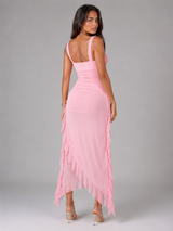 Robe maxi fendue à volants pour invité de mariage