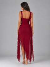 Robe maxi fendue à volants pour invité de mariage