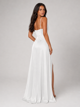 Vestido maxi satinado con cuello drapeado y abertura lateral para mujer de noche