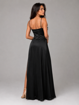 Vestido maxi satinado con cuello drapeado y abertura lateral para mujer de noche