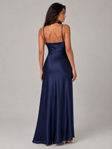 Vestido maxi satinado con cuello drapeado y abertura lateral para mujer de noche