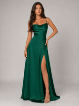Vestido maxi satinado con cuello drapeado y abertura lateral para mujer de noche