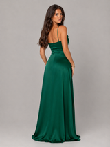 Vestido maxi satinado con cuello drapeado y abertura lateral para mujer de noche