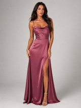 Vestido maxi satinado con cuello drapeado y abertura lateral para mujer de noche