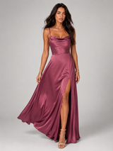Vestido maxi satinado con cuello drapeado y abertura lateral para mujer de noche