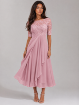 Robe midi à corsage en dentelle et mousseline pour invitée de mariage