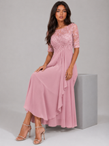 Robe midi à corsage en dentelle et mousseline pour invitée de mariage