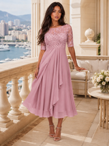 Robe midi à corsage en dentelle et mousseline pour invitée de mariage