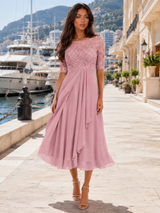 Robe midi à corsage en dentelle et mousseline pour invitée de mariage