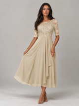 Robe midi à corsage en dentelle et mousseline pour invitée de mariage