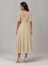 Robe midi à corsage en dentelle et mousseline pour invitée de mariage