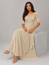 Robe midi à corsage en dentelle et mousseline pour invitée de mariage