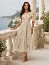 Robe midi à corsage en dentelle et mousseline pour invitée de mariage