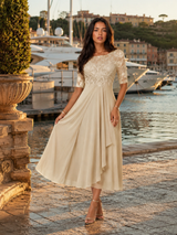 Robe midi à corsage en dentelle et mousseline pour invitée de mariage