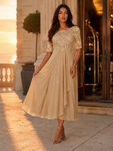 Robe midi à corsage en dentelle et mousseline pour invitée de mariage