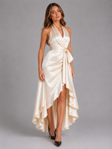 Vestido maxi satinado halter con volantes para mujer de noche