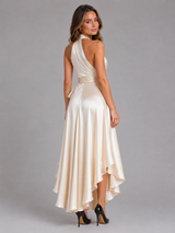 Vestido maxi satinado halter con volantes para mujer de noche