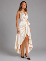 Vestido maxi satinado halter con volantes para mujer de noche