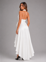 Vestido maxi satinado halter con volantes para mujer de noche